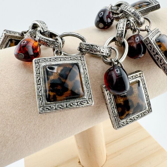 Vintage Leopard Print Square Chain Bracelet Cheetah Charm Bead Chunky Statement - Picture 8 of 11